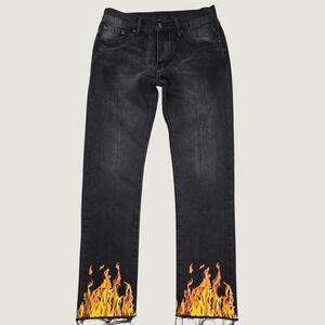 mnml Flame Graphic Jeans Mens 31‎ Black Straight Leg Raw Hem Streetwear Grunge